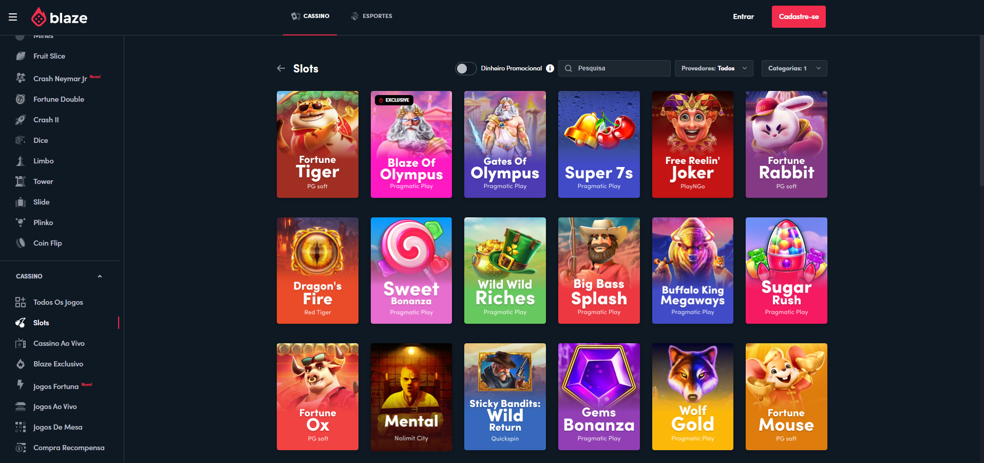 Blaze Casino interface showing game selection including Fortune Tiger